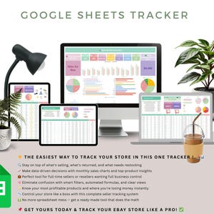 May include: A digital marketing graphic with the text "GOOGLE SHEETS TRACKER" displayed above a computer, laptop, and tablets. The screens show sales data charts. The text below states the tracker's benefits.