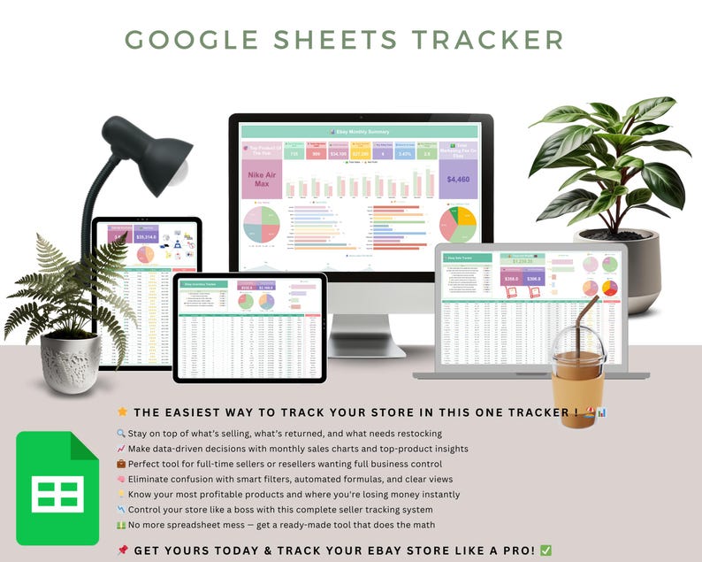 May include: A digital marketing graphic with the text "GOOGLE SHEETS TRACKER" displayed above a computer, laptop, and tablets. The screens show sales data charts. The text below states the tracker's benefits.