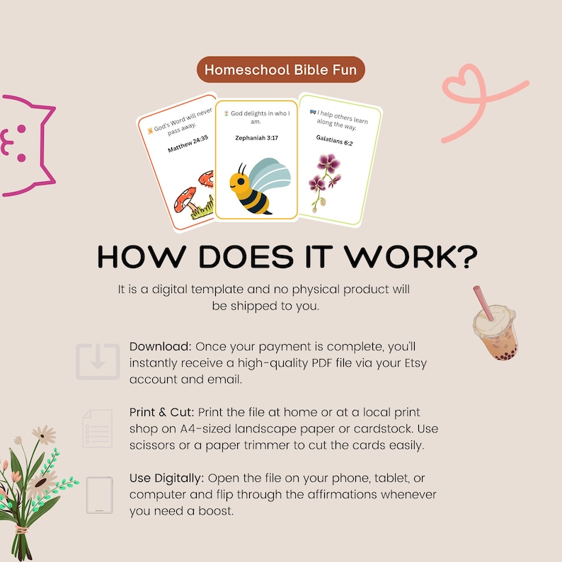May include: Homeschool Bible Fun digital template with three affirmation cards featuring Bible verses and illustrations of mushrooms, a bee, and flowers. Instructions on how to download, print, and use the cards are also included.