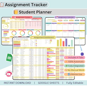 Op de afbeelding: Digitale studentenplanner met taaktracker, kalender en dashboardweergaven. De planner bevat 4 tabbladen, is 100% automatisch, volledig geïntegreerd en volledig bewerkbaar. Ontworpen voor Google Sheets, direct te downloaden.