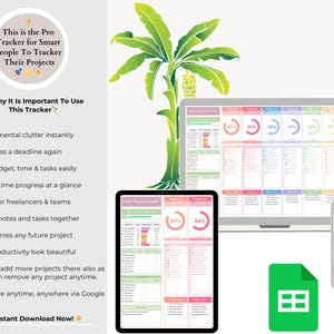 Puede incluir: Una plantilla de planificador digital para el seguimiento de proyectos, con una barra de progreso colorida y un icono verde de Google Sheets. El texto "This is the Pro Tracker for Smart People To Tracker Their Projects" est&aacute; en la parte superior de la imagen. El texto "Why It Is Important To Use This Tracker" est&aacute; debajo del t&iacute;tulo. El texto "Instant Download Now!" est&aacute; en la parte inferior de la imagen.