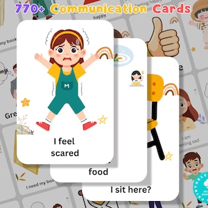 May include: A collection of communication cards with illustrations and text. One card shows a child expressing fear with the words "I feel scared." Other cards display phrases like "I need my book" and "I want food."