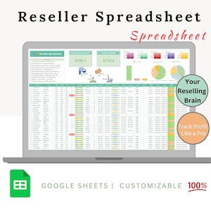Op de afbeelding: Een laptop met een spreadsheet met financiële gegevens, grafieken en diagrammen. De tekst "Reseller Spreadsheet" en "Spreadsheet" staat bovenaan. Tekst omvat "Your Reselling Brain", "Track Profit Like a Pro", "GOOGLE SHEETS | CUSTOMIZABLE 100%" en bedragen.