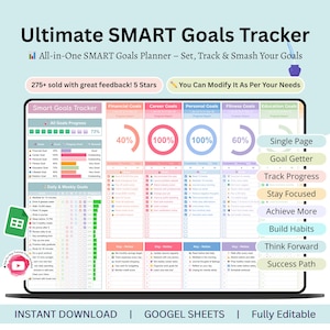 May include: A digital planner displayed on a laptop screen, titled "Ultimate SMART Goals Tracker." The planner includes sections for financial, career, and personal goals, with progress indicators. Text includes "Set, Track & Smash Your Goals" and "Instant Download."