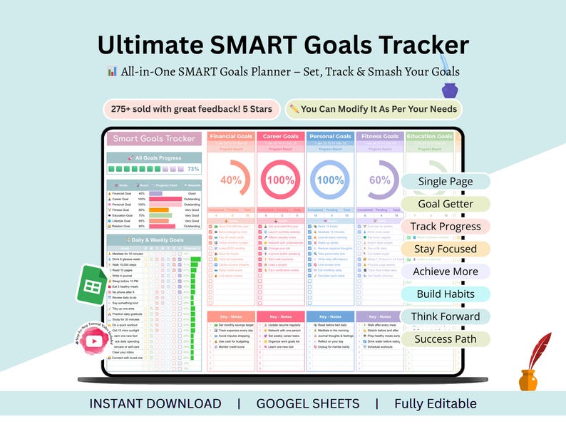 Smart Goal Tracker - goals tracker - goals tracker google sheets - goals spreadsheet - smart goals template - goal spreadsheet - Goal Setting - goals planner - goals tracker excel - goals sheet - smart goals - quarterly goals - monthly goals - yearly goals - fitness goals - personal goals - weekly goal tracker - savings goal tracker - life goal planner - goal action plan - goal tracker - goals planner - smart goals - monthly goals - quarterly goals - goals planner - goal planner - business goals