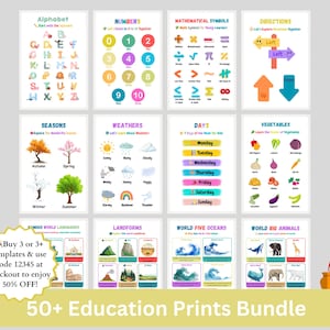 Può includere: Una collezione di stampe educative per bambini, con illustrazioni colorate di alfabeto, numeri, simboli matematici, direzioni, stagioni, meteo, giorni della settimana e verdure. Il pacchetto include una varietà di risorse didattiche.