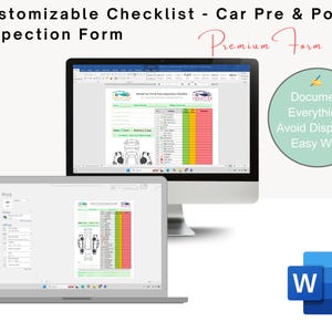 May include: A computer monitor and laptop display a customizable car pre & post inspection form. The form includes sections for documenting vehicle details. Text on the screen reads "Document Everything. Avoid Disputes. Easy Win!" and "Premium Form."