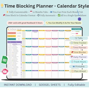 Może przedstawiać: Cyfrowy planer blokowania czasu w stylu kalendarza, wyświetlany na ekranie laptopa. Planer jest w pełni konfigurowalny, z zakładkami na 12 miesięcy i umożliwia wydruk każdego miesiąca. Zawiera śledzenie czasu, planowanie i codzienny harmonogram. Tekst brzmi "Instant Download | Google Sheets | Fully Editable."