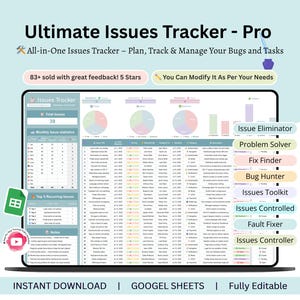 Op de afbeelding: Een digitale spreadsheet met de titel "Ultimate Issues Tracker - Pro" met de tekst "All-in-One Issues Tracker - Plan, Track & Manage Your Bugs and Tasks." De spreadsheet bevat grafieken en lijsten. De afbeelding bevat ook de tekst "83+ sold with great feedback! 5 Stars" en "You Can Modify It As Per Your Needs."