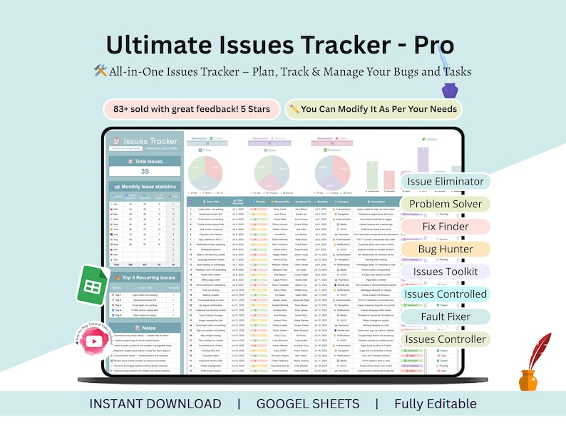 Issues Tracker - Problem Tracking - Issues and Concerns - Project risk and issue log, issue resolution and handling - project issue tracker - issue tracking - issue spreadsheet - issue log - issue tracker excel - resolution tracker - project management - bug tracker - problem solving - Agile Issue Log - Software Testing Log - Bug Report Tracker - project templates - Bug Tracker Template - project tracker - issues log - task tracker - action tracker - priority tracker - project tracking