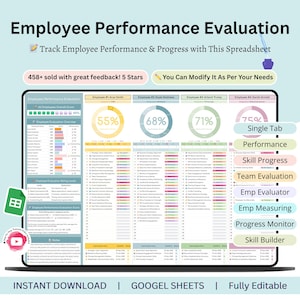 Könnte beinhalten: Eine digitale Tabelle mit dem Titel "Employee Performance Evaluation" wird auf einem Laptop-Bildschirm angezeigt. Die Tabelle enthält Leistungskennzahlen, Diagramme und den Text "Track Employee Performance & Progress with This Spreadsheet". Das Bild enthält auch den Text "458+ sold with great feedback! 5 Stars".