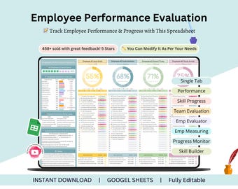May include: A digital spreadsheet titled "Employee Performance Evaluation" displayed on a laptop screen. The spreadsheet includes performance metrics, charts, and the text "Track Employee Performance & Progress with This Spreadsheet". The image also includes the text "458+ sold with great feedback! 5 Stars".