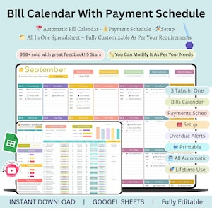 Puede incluir: Calendario de facturas digital con programa de pagos mostrado en una tableta y otro dispositivo. La hoja de cálculo está etiquetada como "Septiembre" e incluye funciones como "Alertas de retraso" e "Imprimible".