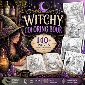 May include: A "Witchy Coloring Book" with 140+ pages of magical designs. The cover features a woman in a witch hat, a crescent moon, and the text "Witchy Coloring Book". The book is open, displaying intricate designs, with a candle and crystals.