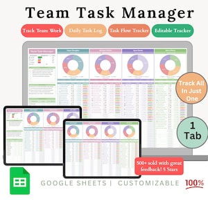 May include: A digital team task manager displayed on a laptop and two tablets. The interface includes charts and data tables. Text includes "Team Task Manager", "Track Team Work", "Daily Task Log", and "Editable Tracker". The image also shows "Google Sheets" and "Customizable".