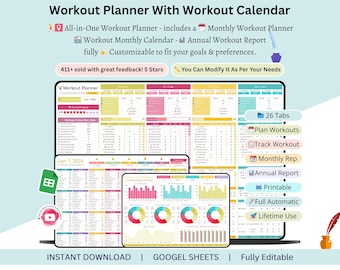 workout planner - workout spreadsheet template - workout planner and tracker - workout planner template - workout calendar - Workout