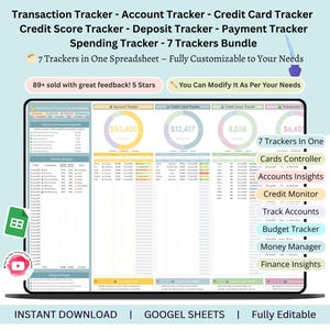 Könnte beinhalten: Ein digitaler Tabellenkalkulation auf einem Laptop-Bildschirm mit Finanz-Trackern für Transaktionen, Kreditkarten und Ausgaben. Die Oberfläche umfasst Diagramme und Datentabellen, mit Text, der darauf hinweist, dass sie vollständig editierbar und anpassbar ist.