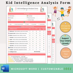 Puede incluir: Un formulario de análisis de inteligencia infantil imprimible con un esquema de color rosa y blanco. El formulario incluye una lista de verificación de diferentes criterios de inteligencia, como matemático, lingüístico, musical, kinestésico, espacial, interpersonal, intrapersonal, naturalistas, existencial, creatividad y un sistema de calificación de la puntuación de inteligencia.