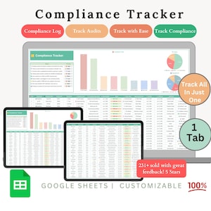 May include: A digital display of a "Compliance Tracker" on a laptop and two tablets. The display shows charts, graphs, and data tables. Text includes "Compliance Log", "Track Audits", "Track with Ease", "Track Compliance", "Track All In Just One", and "1 Tab".