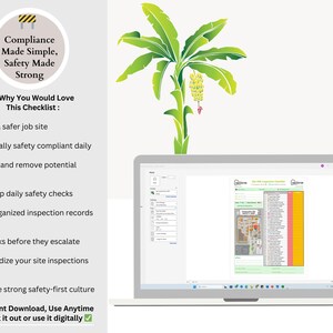 K&ouml;nnte beinhalten: Ein Laptop-Computer, auf dem eine Sicherheitscheckliste mit einer Illustration einer gr&uuml;nen Bananenpflanze angezeigt wird. Die Checkliste tr&auml;gt den Titel "T&auml;gliche Sicherheitscheckliste f&uuml;r die Baustelle" und enth&auml;lt Abschnitte zur Identifizierung von Gefahren, Sicherheitsverfahren und Notfallkontakten. Der Text "Compliance Made Simple, Safety Made Strong" wird in einem Kreis oben im Bild angezeigt.