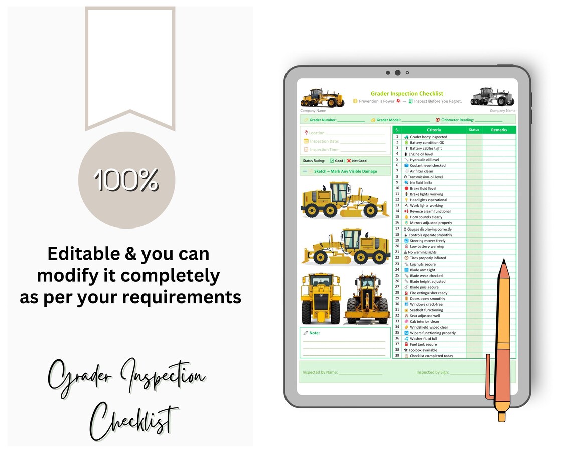 Grader Inspection Checklist - Heavy Machinery - Heavy Equipment ...