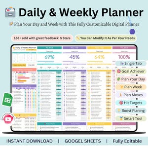Könnte beinhalten: Ein digitaler Planer, der auf einem Laptop-Bildschirm angezeigt wird und einen Kalender und eine Aufgabenliste enthält. Der Text lautet "Daily & Weekly Planner" und "Plan Your Day and Week with This Fully Customizable Digital Planner." Zusätzlicher Text lautet "188+ sold with great feedback! 5 Stars."