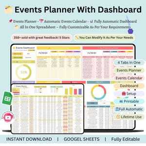 Könnte beinhalten: Digitaler Eventplaner mit Dashboard, Kalender und Tabellenkalkulationsfunktionen. Enthält ein Dashboard, Setup und druckbare Optionen. Der Planer ist vollautomatisch und anpassbar, mit lebenslanger Nutzung. Der Text "Events Planner With Dashboard" ist ebenfalls enthalten.