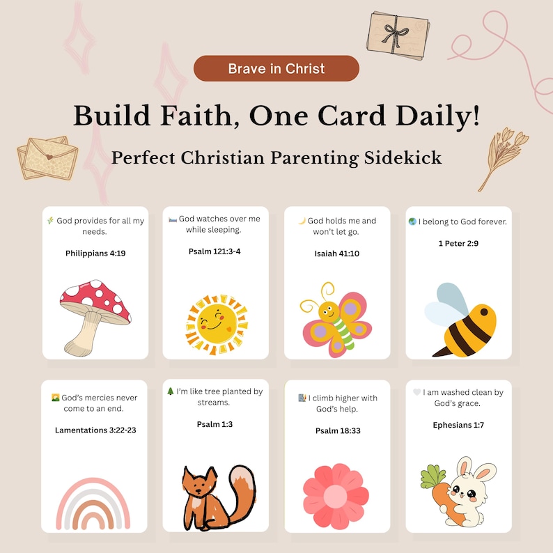 May include: A set of eight Christian parenting cards with colorful illustrations and Bible verses. The cards feature images of a mushroom, sun, butterfly, bee, rainbow, fox, flower, and bunny. Text on the cards includes "Build Faith, One Card Daily!"