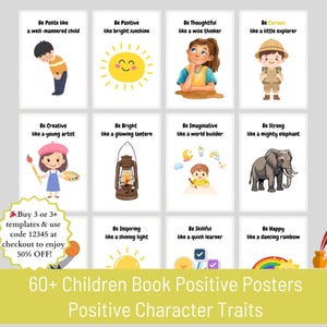 Puede incluir: Un conjunto de carteles infantiles con rasgos de carácter positivos. Cada cartel presenta una ilustración y una frase como «Sé educado como un niño bien educado». Los carteles son blancos con ilustraciones y texto coloridos.