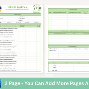 May include: Two-page ISO 14001 Audit Form template with green accents. The form includes sections for audit details, requirements, observations, and audit summary. The text "2 Page - You Can Add More Pages Also" is at the bottom.