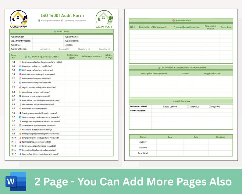 May include: Two-page ISO 14001 Audit Form template with green accents. The form includes sections for audit details, requirements, observations, and audit summary. The text "2 Page - You Can Add More Pages Also" is at the bottom.