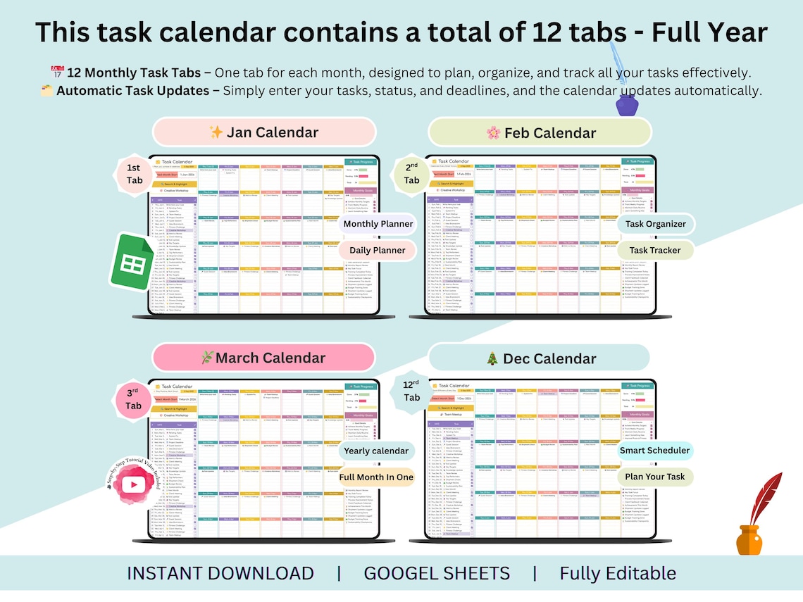 Task Calendar - Task Tracker and Calendar - Task Planner Google Sheets ...