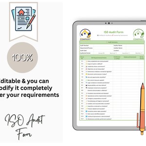 May include: A digital ISO Audit Form displayed on a tablet. The form includes sections for audit summaries and requirements. A pencil rests on the screen. Text on the screen reads "Editable & you can modify it completely as per your requirements."