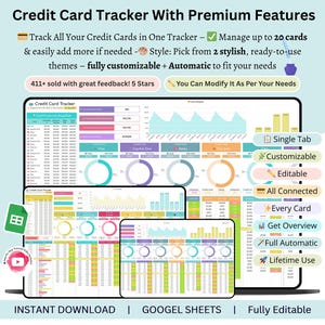 May include: A digital credit card tracker with premium features, displayed on multiple screens. The tracker allows users to manage up to 20 cards, is fully customizable, and automatically fits your needs. The image includes the text "Credit Card Tracker With Premium Features."