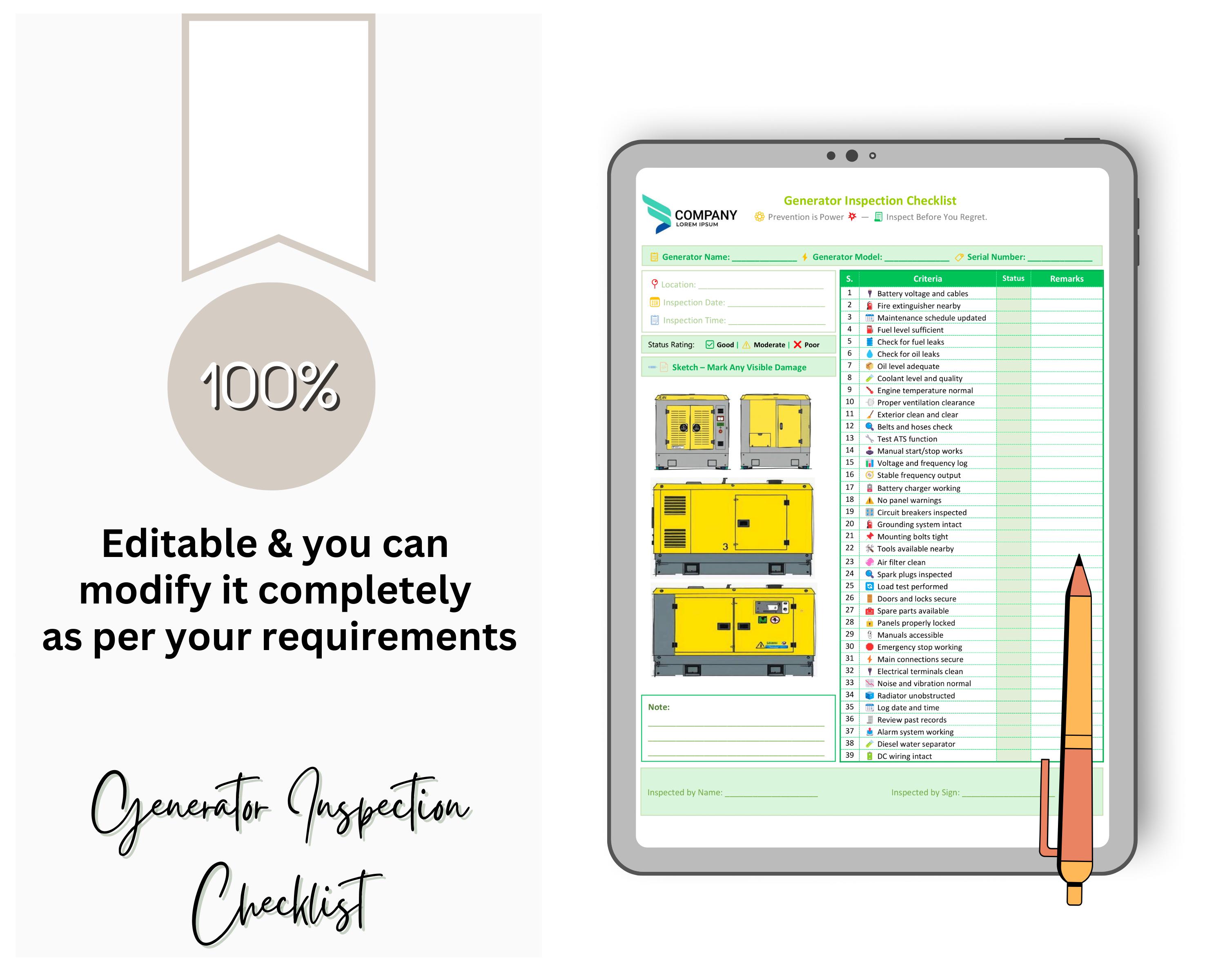 Generator Inspection Checklist - Generator Checklist - Power Generator ...