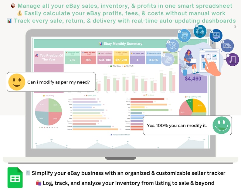 May include: A laptop screen displays an eBay sales dashboard with charts and graphs. Text includes "Ebay Monthly Summary" and "Can I modify as per my need?" with a smiley face. The screen also shows "Yes, 100% you can modify it."