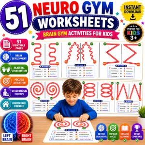May include: A digital collection of 51 Neuro Gym Worksheets for kids featuring brain gym activities. The set includes printable pages with red line-tracing patterns, start and finish points, and score tracking sections for tracking progress.