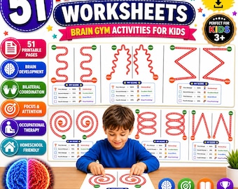 51 Brain Gym-werkbladen, Brain Gym-werkblad, printbare Brain Gym-oefeningen, Brain Gym, kinderontwikkeling, hulpmiddel voor therapeuten, Brain Gym-oefeningen