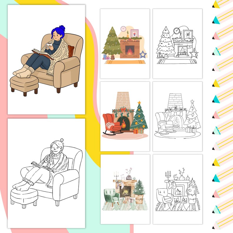 Puede incluir: Una colecci&oacute;n de ilustraciones que representan escenas invernales acogedoras. Una muestra a una persona leyendo en una silla con un reposapi&eacute;s. Otras im&aacute;genes representan chimeneas, &aacute;rboles de Navidad y sillones, todo en un estilo c&aacute;lido y acogedor. La paleta de colores incluye beige, azul y verde.
