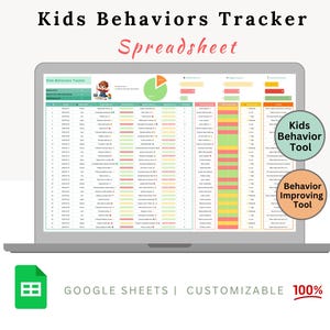 May include: A laptop computer screen displaying a Google Sheets spreadsheet titled "Kids Behaviors Tracker". The spreadsheet is colour-coded and includes a pie chart, bar graphs, and a list of behaviours. The text "Kids Behaviour Tool" and "Behavior Improving Tool" are displayed in green and orange boxes on the right side of the screen. The text "GOOGLE SHEETS | CUSTOMIZABLE 100%" is displayed at the bottom of the screen.
