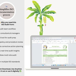 May include: A laptop displaying an ISO Audit Form, with a green and white design. The image includes a stylized banana tree and text highlighting the form's benefits, such as streamlining audit workflows and ensuring policy review.