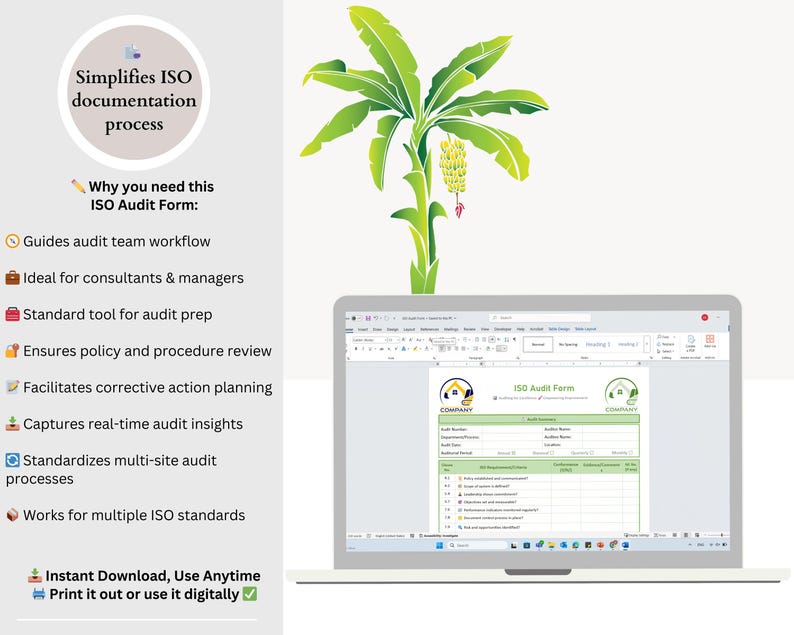 May include: A laptop displaying an ISO Audit Form, with a green and white design. The image includes a stylized banana tree and text highlighting the form's benefits, such as streamlining audit workflows and ensuring policy review.