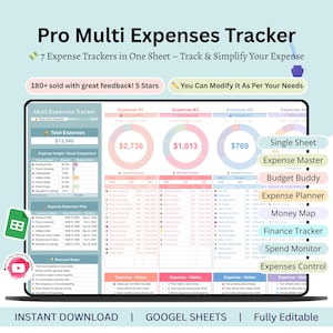 May include: A digital expense tracker displayed on a laptop screen. The spreadsheet shows expense categories, totals, and visual comparisons. Text includes "Pro Multi Expenses Tracker," "7 Expense Trackers," and "Instant Download."