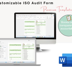 May include: A computer monitor and laptop display a green and white ISO audit form. The text "Customizable ISO Audit Form" and "Premium Template" are at the top. A green circle with the text "Boosts audit transparency & accountability" is on the right.