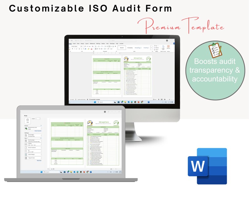 May include: A computer monitor and laptop display a green and white ISO audit form. The text "Customizable ISO Audit Form" and "Premium Template" are at the top. A green circle with the text "Boosts audit transparency & accountability" is on the right.