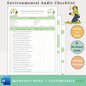 May include: An environmental audit checklist with a green and white design. The form includes sections for audit details and environmental aspects. A graphic of a person planting a tree is included, along with the text "Go Green Audit."
