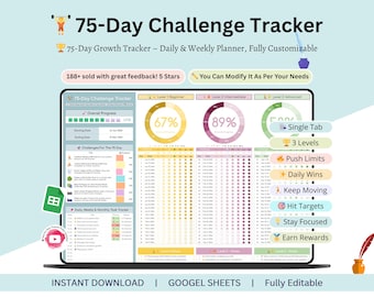 May include: A digital 75-Day Challenge Tracker displayed on a laptop screen. The tracker includes sections for overall progress, daily tasks, and goal tracking. The design features a light blue background with colorful accents and the text "75-Day Challenge Tracker".