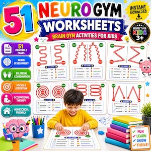 Könnte beinhalten: Eine digitale Produktanzeige für 51 Neuro-Gym-Arbeitsblätter mit Gehirntraining für Kinder. Das Bild zeigt ein Kind, das rote Spiralmuster auf einem Arbeitsblatt nachzeichnet. Enthält bunte Symbole, Text und einen Stapel Bücher.