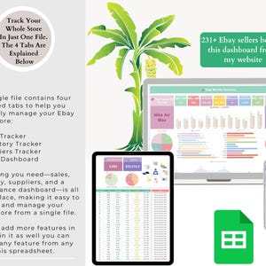 May include: A digital dashboard for eBay sellers, displayed on a laptop, tablet, and smartphone. The dashboard includes sales, inventory, and supplier tracking, with charts and graphs. Text reads "Track Your Whole Store In Just One File."