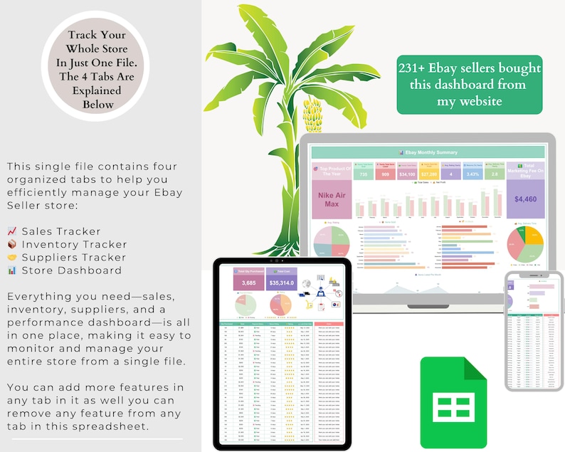 May include: A digital dashboard for eBay sellers, displayed on a laptop, tablet, and smartphone. The dashboard includes sales, inventory, and supplier tracking, with charts and graphs. Text reads "Track Your Whole Store In Just One File."